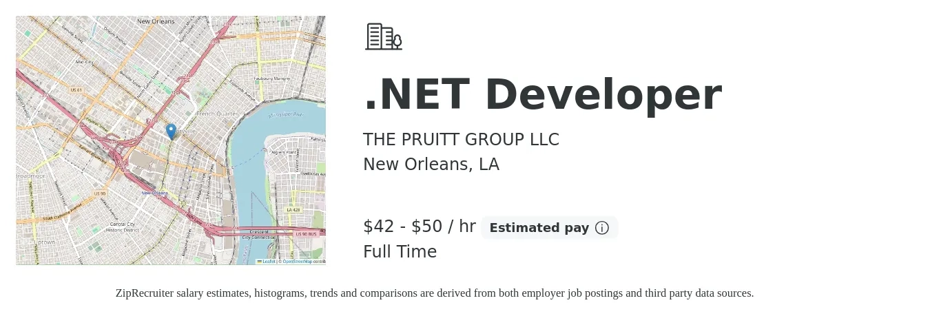 THE PRUITT GROUP LLC job posting for a .NET Developer in New Orleans, LA with a salary of $44 to $53 Hourly with a map of New Orleans location.