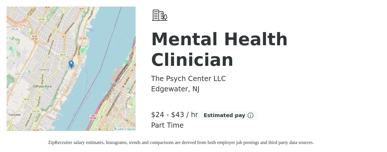The Psych Center LLC job posting for a Mental Health Clinician in Edgewater, NJ with a salary of $25 to $45 Hourly with a map of Edgewater location.