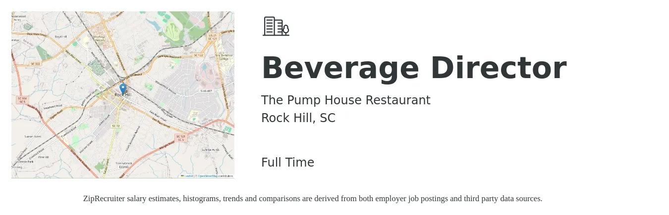 The Pump House Restaurant job posting for a Beverage Director in Rock Hill, SC with a salary of $59,800 to $95,500 Yearly with a map of Rock Hill location.