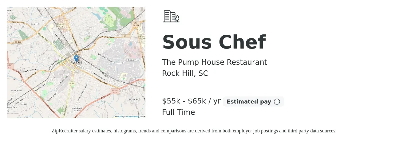 The Pump House Restaurant job posting for a Sous Chef in Rock Hill, SC with a salary of $43,600 to $58,800 Yearly with a map of Rock Hill location.