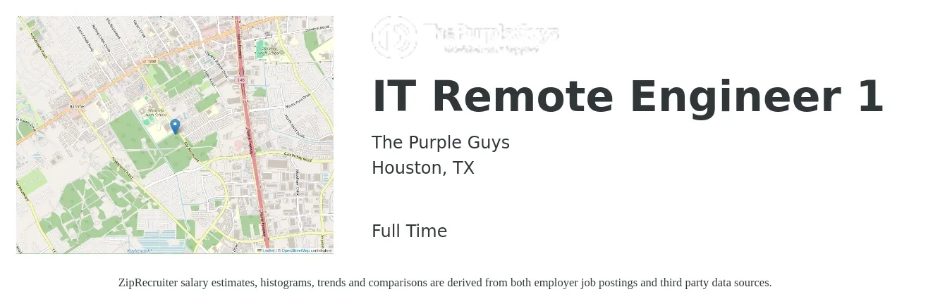 The Purple Guys job posting for a IT Remote Engineer 1 in Houston, TX with a salary of $65,400 to $107,900 Yearly with a map of Houston location.