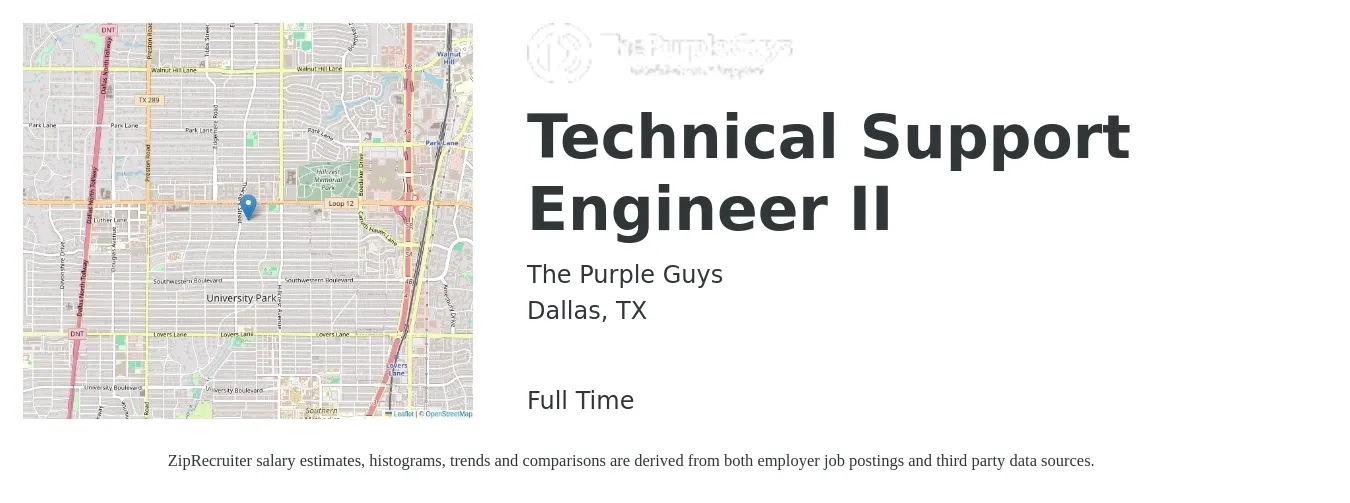 The Purple Guys job posting for a Technical Support Engineer II in Dallas, TX with a salary of $56,300 to $95,600 Yearly with a map of Dallas location.