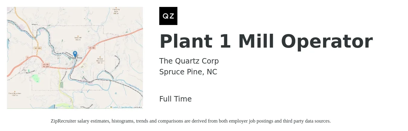The Quartz Corp job posting for a Plant 1 Mill Operator in Spruce Pine, NC with a salary of $16 to $25 Hourly with a map of Spruce Pine location.