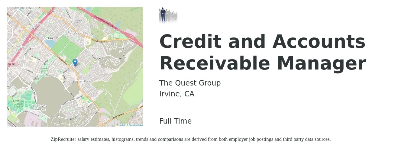The Quest Group job posting for a Credit and Accounts Receivable Manager in Irvine, CA with a salary of $70,000 to $90,000 Yearly and benefits including medical, pto, vision, dental, and life_insurance with a map of Irvine location.