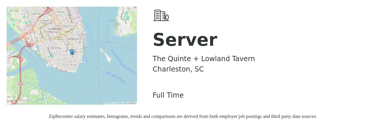 The Quinte + Lowland Tavern job posting for a Server in Charleston, SC with a salary of $10 to $17 Hourly with a map of Charleston location.