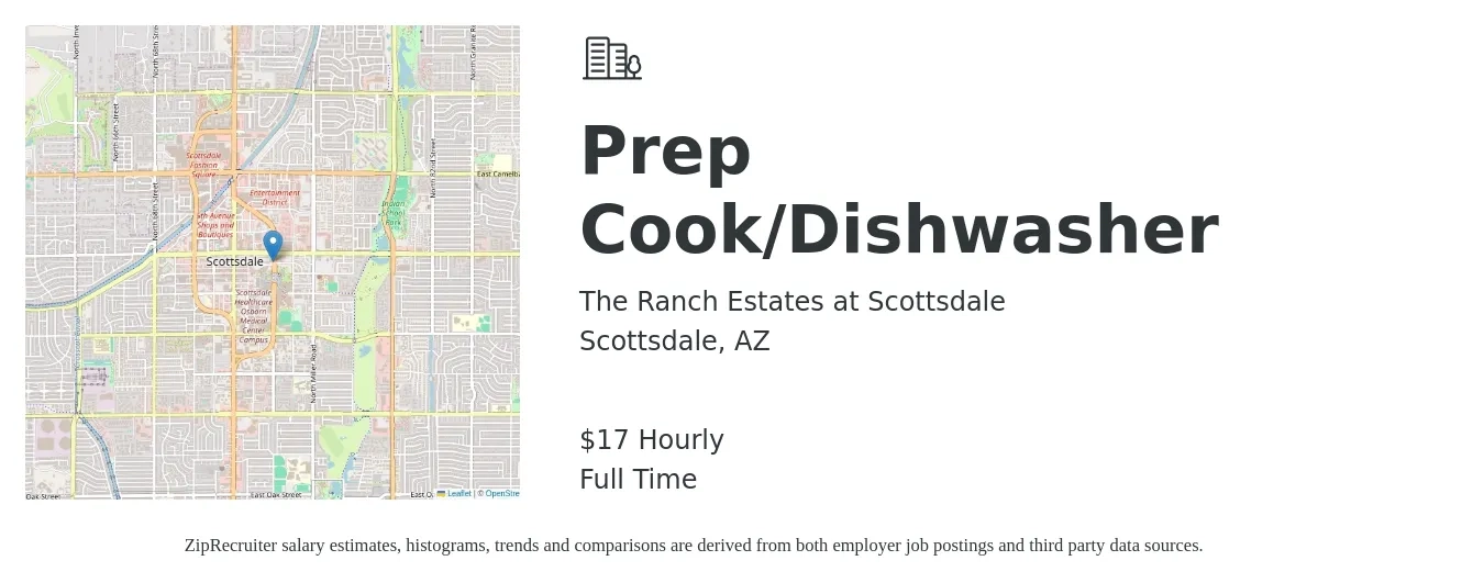 The Ranch Estates at Scottsdale job posting for a Prep Cook/Dishwasher in Scottsdale, AZ with a salary of $18 Hourly with a map of Scottsdale location.