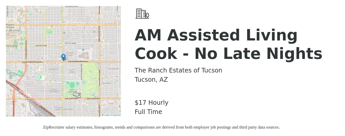 The Ranch Estates of Tucson job posting for a AM Assisted Living Cook - No Late Nights in Tucson, AZ with a salary of $18 Hourly with a map of Tucson location.