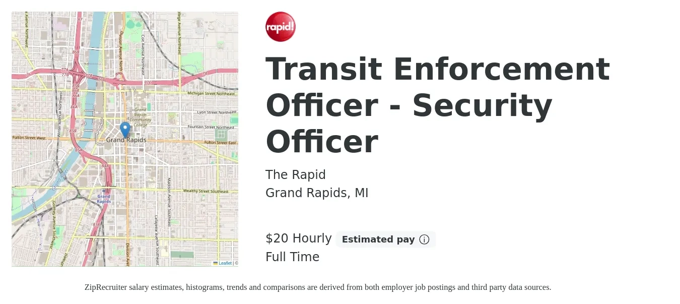 The Rapid job posting for a Transit Enforcement Officer - Security Officer in Grand Rapids, MI with a salary of $16 to $18 Hourly with a map of Grand Rapids location.