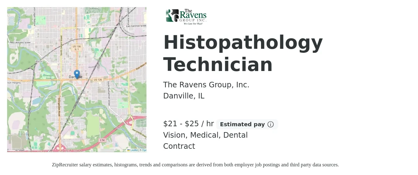 The Ravens Group, Inc. job posting for a Histopathology Technician in Danville, IL with a salary of $22 to $26 Hourly and benefits including dental, life_insurance, medical, retirement, and vision with a map of Danville location.