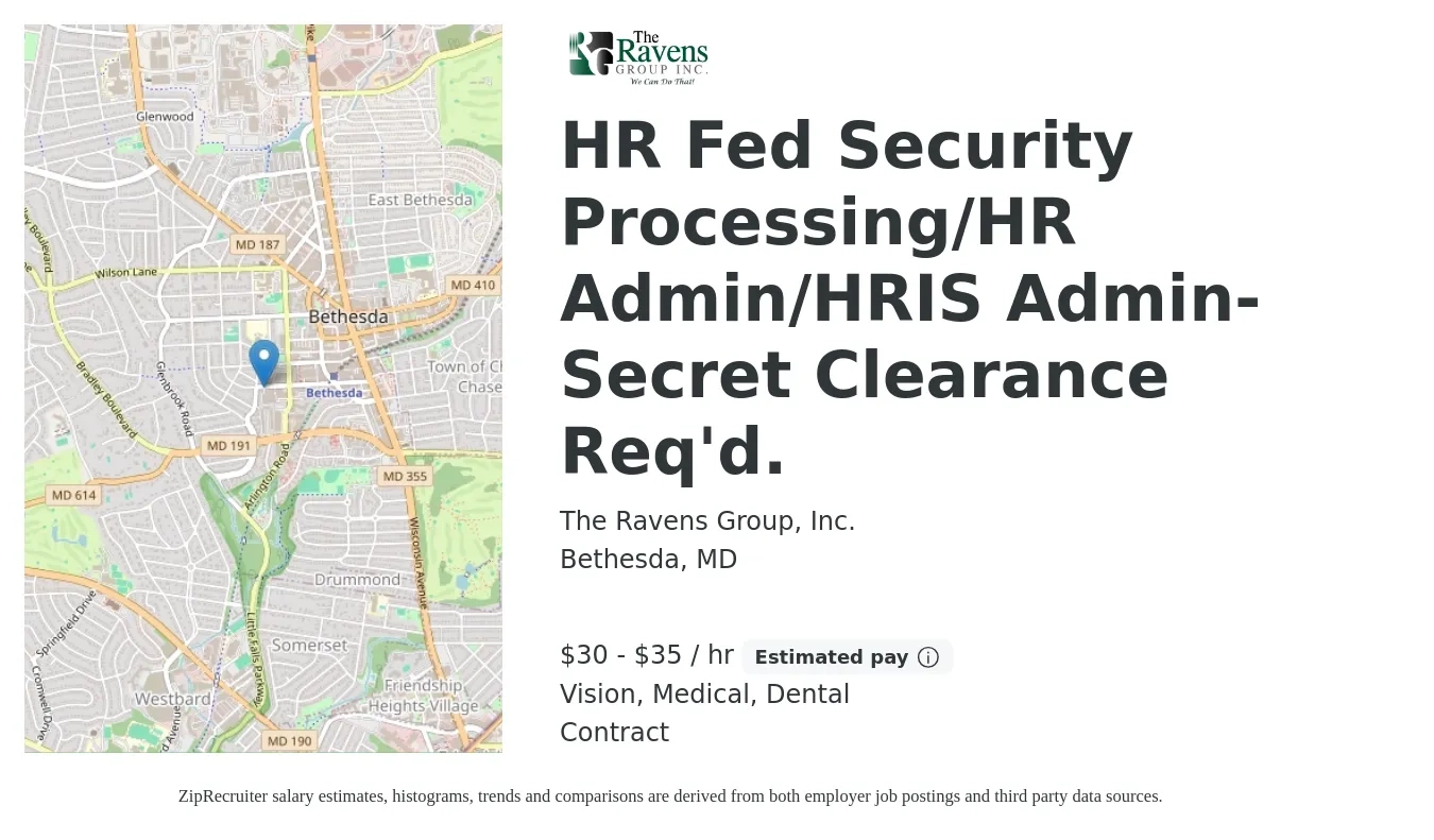 The Ravens Group, Inc. job posting for a HR Fed Security Processing/HR Admin/HRIS Admin-Secret Clearance Req'd. in Bethesda, MD with a salary of $32 to $37 Hourly and benefits including dental, life_insurance, medical, retirement, and vision with a map of Bethesda location.