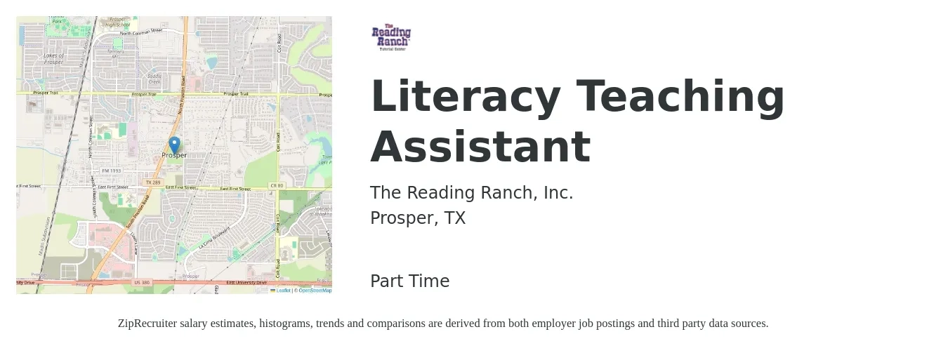 The Reading Ranch, Inc. job posting for a Literacy Teaching Assistant in Prosper, TX with a salary of $20 to $34 Hourly with a map of Prosper location.