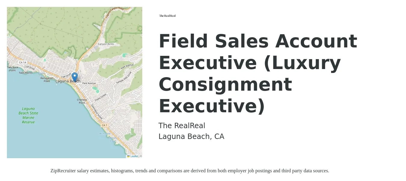 The RealReal job posting for a Field Sales Account Executive (Luxury Consignment Executive) in Laguna Beach, CA with a salary of $2,000 Monthly with a map of Laguna Beach location.