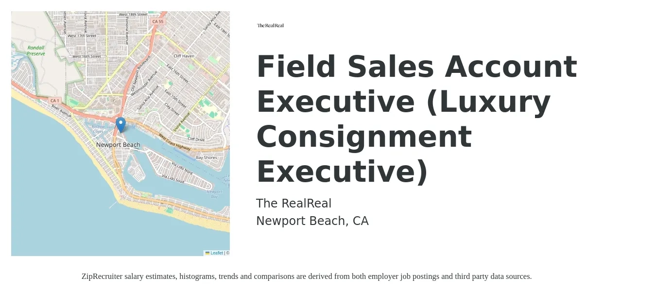 The RealReal job posting for a Field Sales Account Executive (Luxury Consignment Executive) in Newport Beach, CA with a salary of $2,000 Monthly with a map of Newport Beach location.