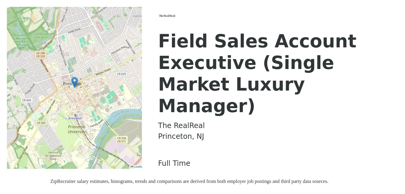 The RealReal job posting for a Field Sales Account Executive (Single Market Luxury Manager) in Princeton, NJ with a salary of $2,000 Monthly with a map of Princeton location.