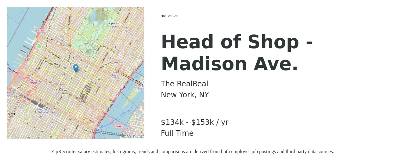 The RealReal job posting for a Head of Shop - Madison Ave. in New York, NY with a salary of $134,558 to $153,780 Yearly with a map of New York location.