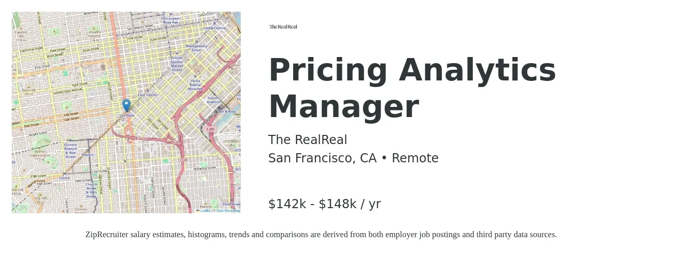 The RealReal job posting for a Pricing Analytics Manager in San Francisco, CA with a salary of $142,127 to $148,010 Yearly with a map of San Francisco location.