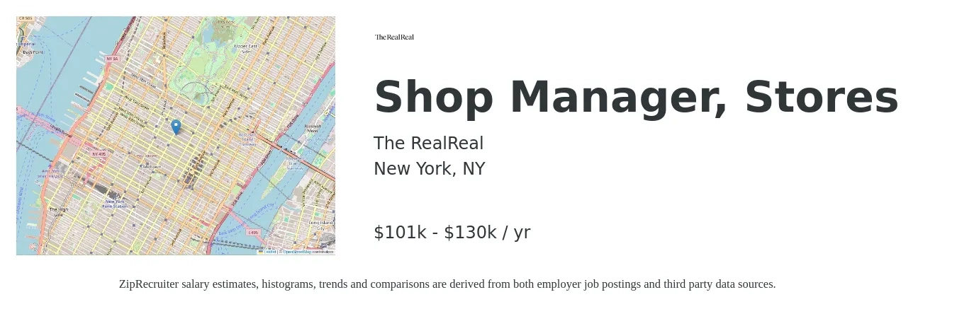 The RealReal job posting for a Shop Manager, Stores in New York, NY with a salary of $101,745 to $130,815 Yearly with a map of New York location.