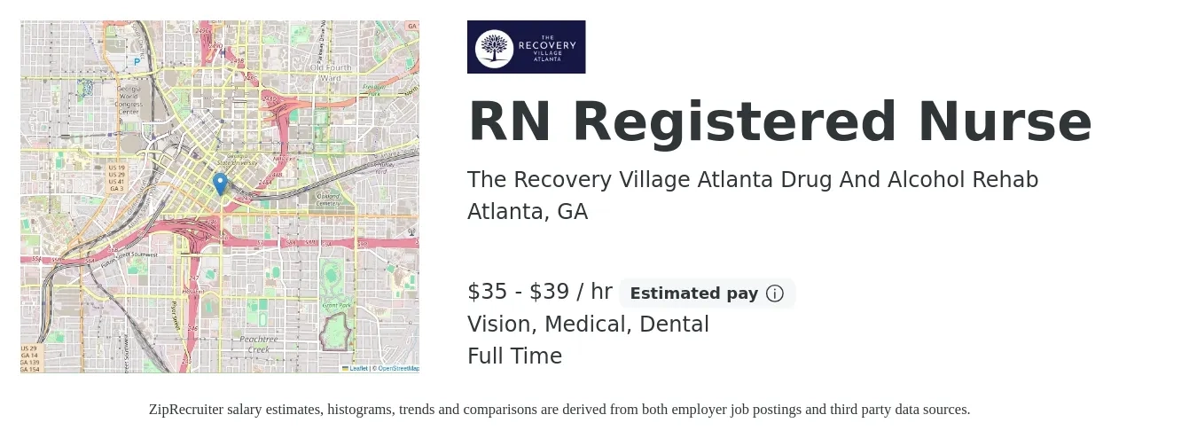 The Recovery Village Atlanta Drug And Alcohol Rehab job posting for a RN Registered Nurse in Atlanta, GA with a salary of $37 to $41 Hourly and benefits including retirement, vision, dental, life_insurance, and medical with a map of Atlanta location.