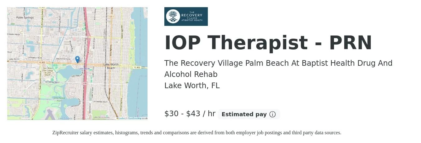 The Recovery Village Palm Beach At Baptist Health Drug And Alcohol Rehab job posting for a IOP Therapist - PRN in Lake Worth, FL with a salary of $32 to $45 Hourly with a map of Lake Worth location.