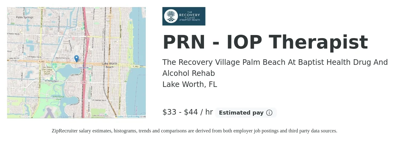 The Recovery Village Palm Beach At Baptist Health Drug And Alcohol Rehab job posting for a PRN - IOP Therapist in Lake Worth, FL with a salary of $35 to $46 Hourly with a map of Lake Worth location.