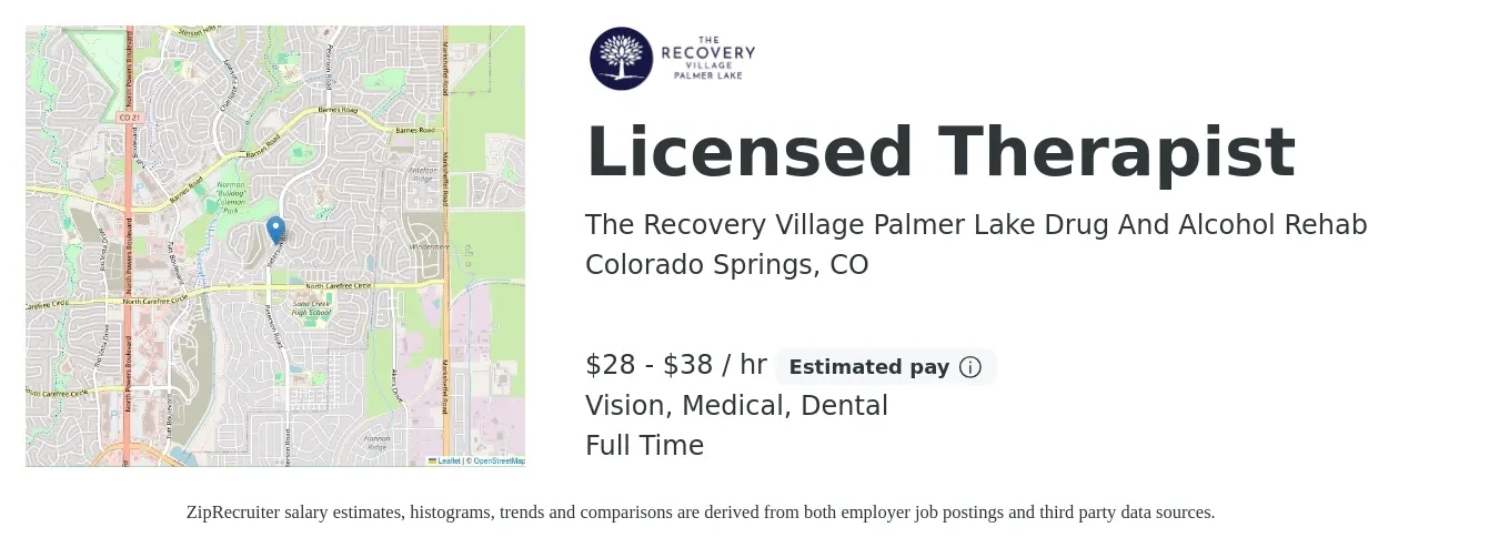 The Recovery Village Palmer Lake Drug And Alcohol Rehab job posting for a Licensed Therapist in Colorado Springs, CO with a salary of $30 to $40 Hourly and benefits including dental, life_insurance, medical, pto, retirement, and vision with a map of Colorado Springs location.