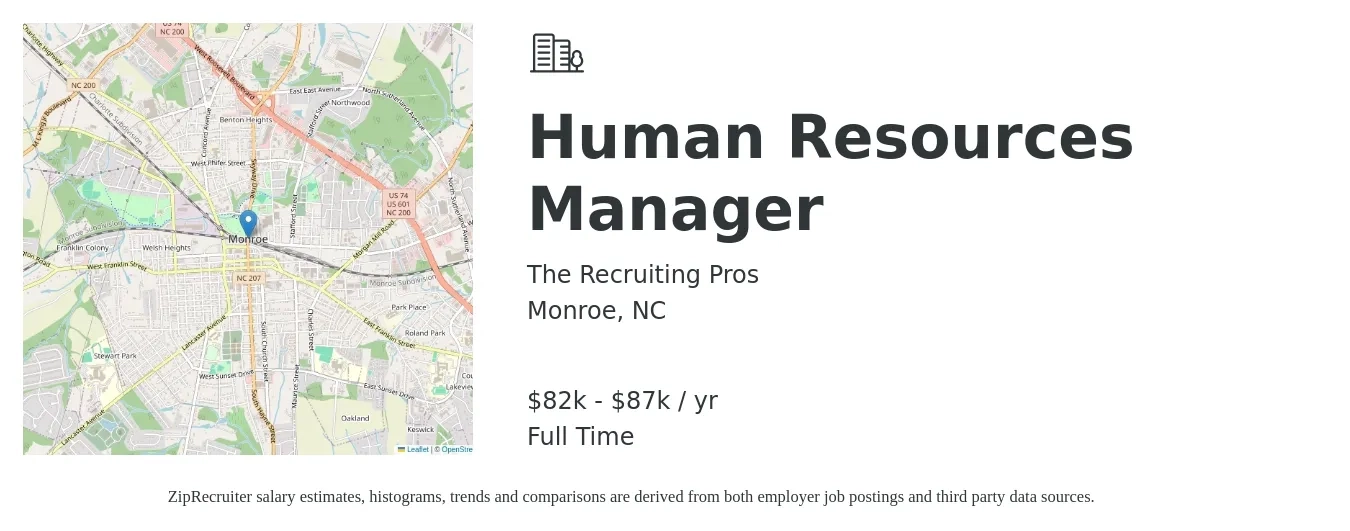 The Recruiting Pros job posting for a Human Resources Manager in Monroe, NC with a salary of $82,000 to $87,000 Yearly with a map of Monroe location.
