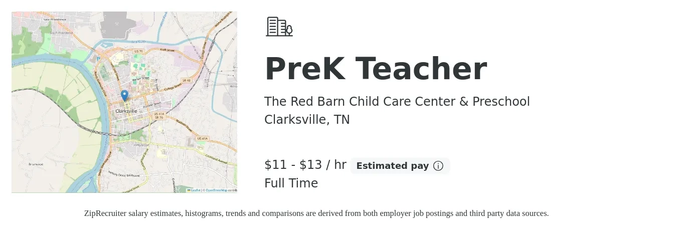 The Red Barn Child Care Center & Preschool job posting for a PreK Teacher in Clarksville, TN with a salary of $12 to $14 Hourly with a map of Clarksville location.