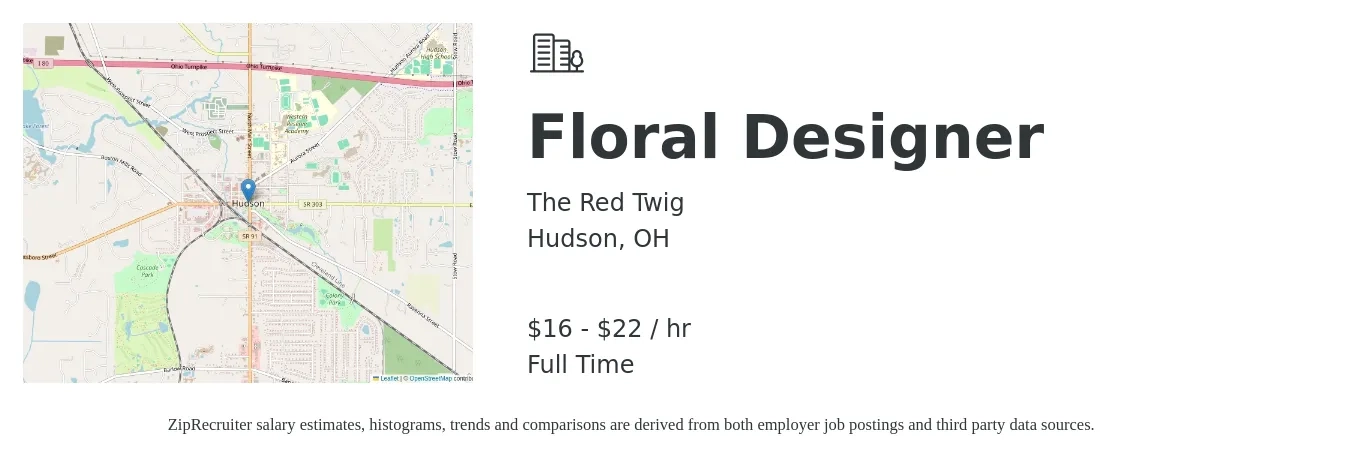 The Red Twig job posting for a Floral Designer in Hudson, OH with a salary of $17 to $23 Hourly with a map of Hudson location.