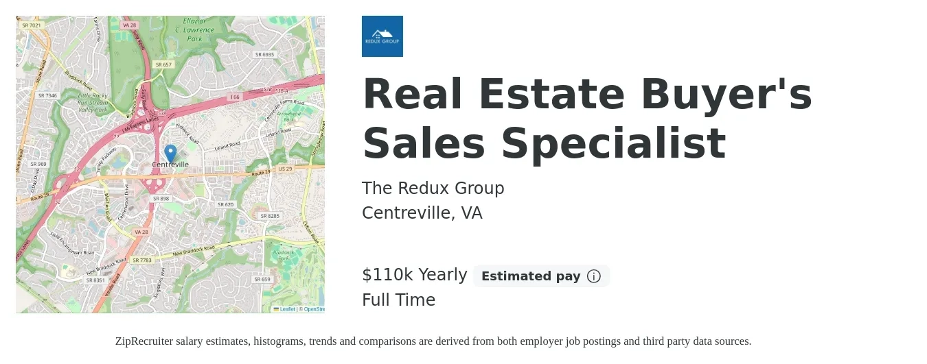 The Redux Group job posting for a Real Estate Buyer'S Sales Specialist in Centreville, VA with a salary of $110,000 Yearly with a map of Centreville location.