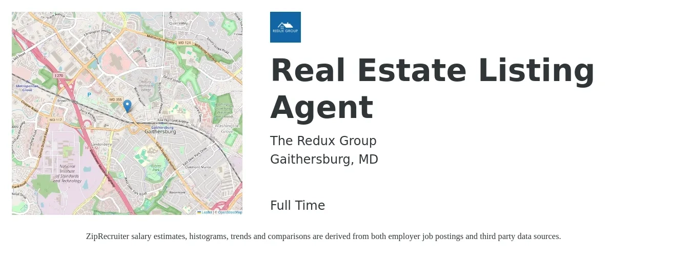 The Redux Group job posting for a Real Estate Listing Agent in Gaithersburg, MD with a salary of $88,600 to $118,800 Yearly with a map of Gaithersburg location.