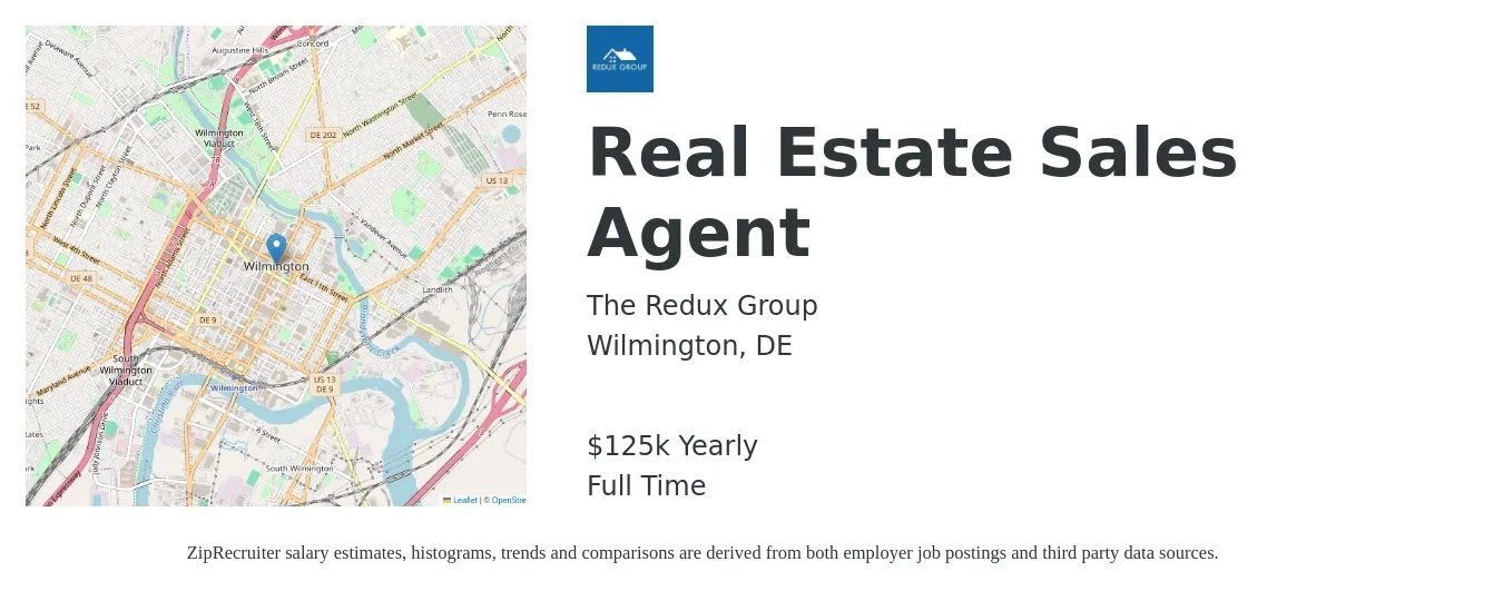 The Redux Group job posting for a Real Estate Sales Agent in Wilmington, DE with a salary of $125,000 Yearly with a map of Wilmington location.