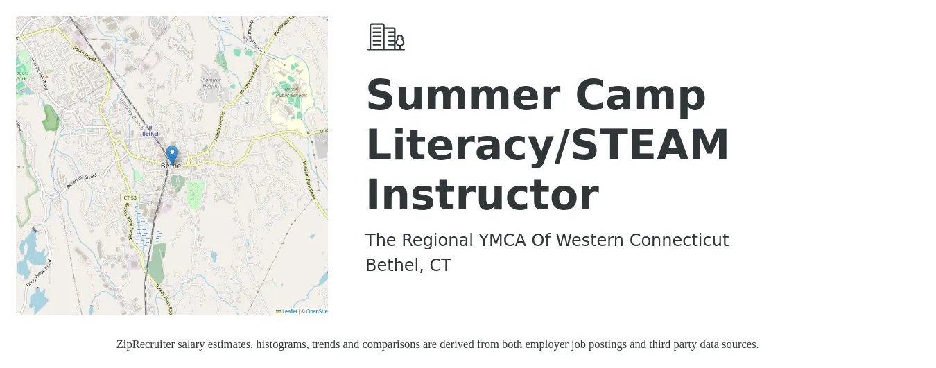 The Regional YMCA Of Western Connecticut job posting for a Summer Camp Literacy/STEAM Instructor in Bethel, CT with a salary of $14 to $19 Hourly with a map of Bethel location.