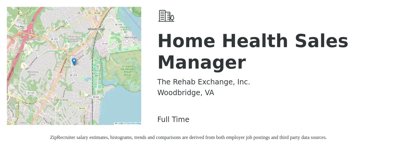 The Rehab Exchange, Inc. job posting for a Home Health Sales Manager in Woodbridge, VA with a salary of $47,000 to $78,700 Yearly with a map of Woodbridge location.
