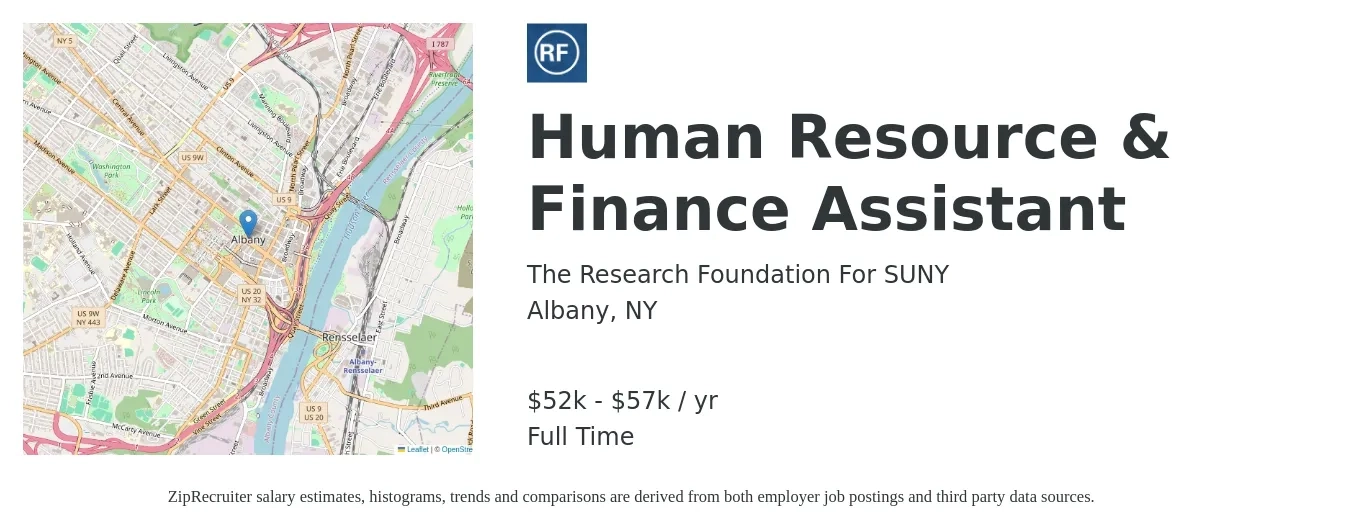 The Research Foundation For SUNY job posting for a Human Resource & Finance Assistant in Albany, NY with a salary of $52,500 to $57,500 Yearly with a map of Albany location.