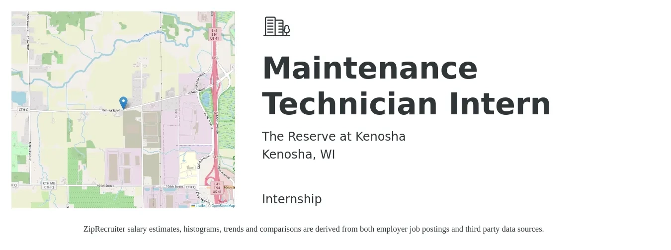 The Reserve at Kenosha job posting for a Maintenance Technician Intern in Kenosha, WI with a salary of $19 to $26 Hourly with a map of Kenosha location.