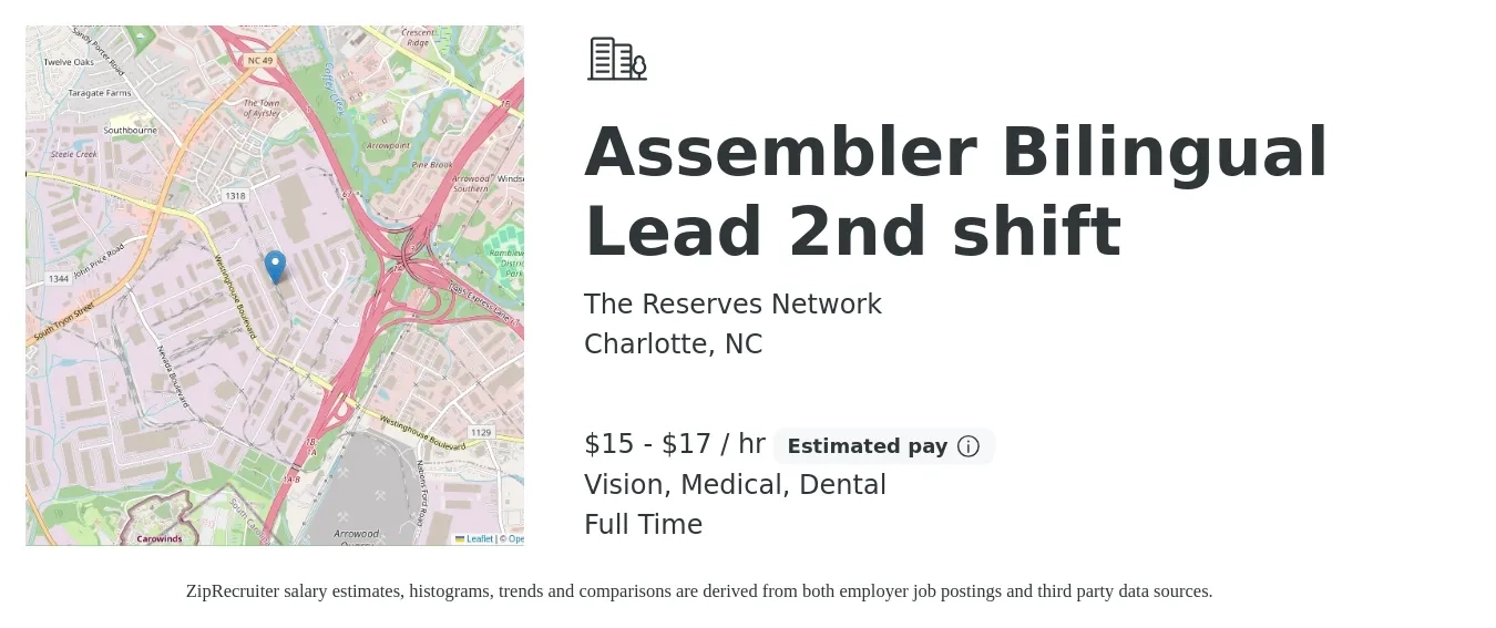 The Reserves Network job posting for a Assembler Bilingual Lead 2nd shift in Charlotte, NC with a salary of $16 to $18 Hourly and benefits including vision, dental, life_insurance, and medical with a map of Charlotte location.