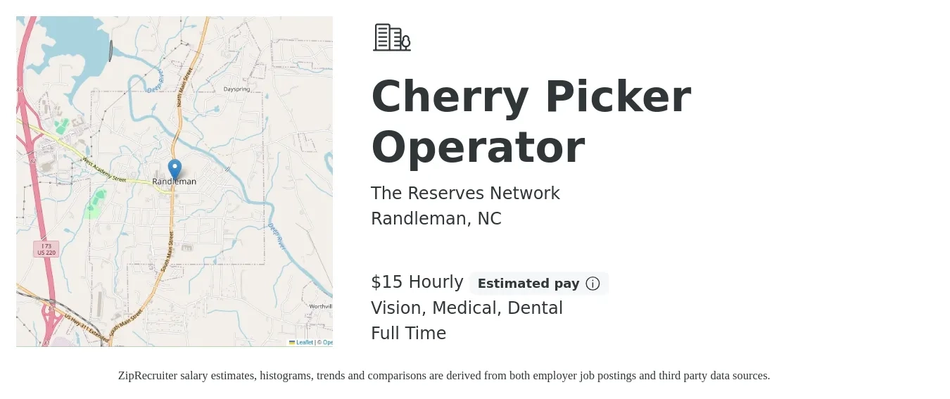 The Reserves Network job posting for a Cherry Picker Operator in Randleman, NC with a salary of $16 Hourly and benefits including dental, life_insurance, medical, and vision with a map of Randleman location.