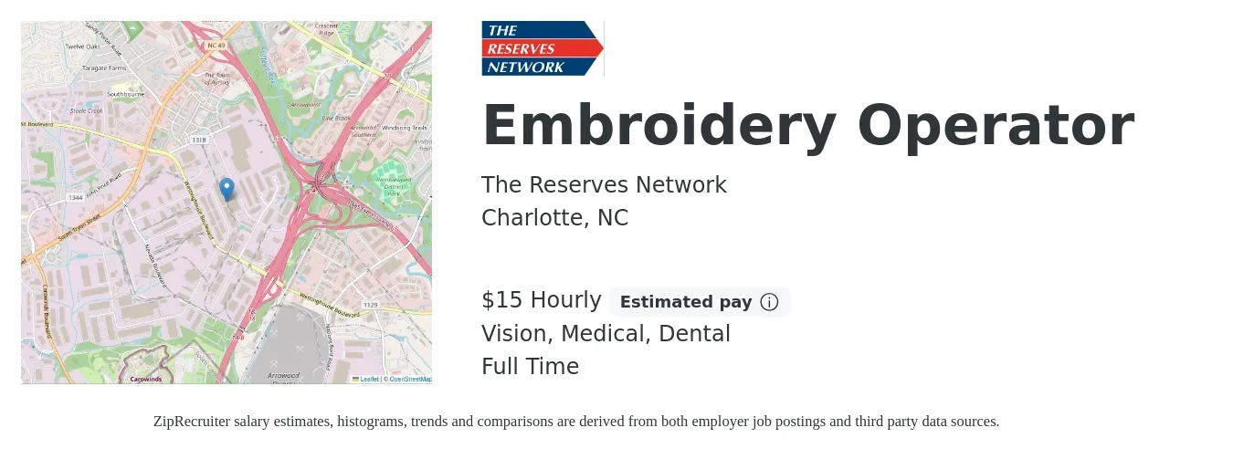 The Reserves Network job posting for a Embroidery Operator in Charlotte, NC with a salary of $16 Hourly and benefits including vision, dental, life_insurance, and medical with a map of Charlotte location.