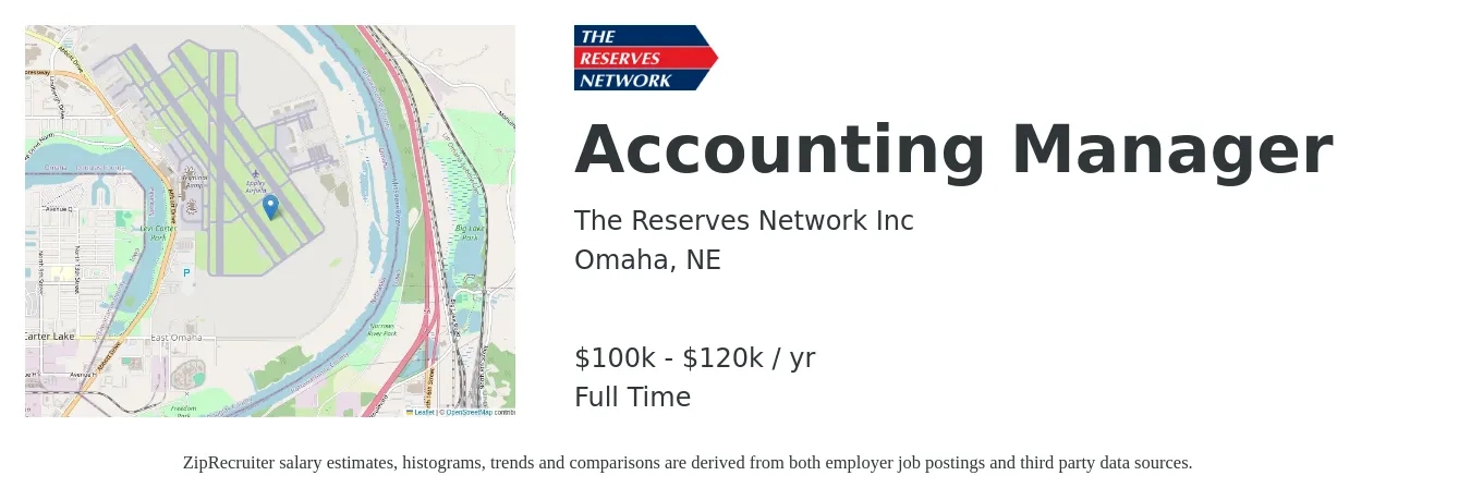 The Reserves Network Inc job posting for a Accounting Manager in Omaha, NE with a salary of $100,000 to $120,000 Yearly with a map of Omaha location.