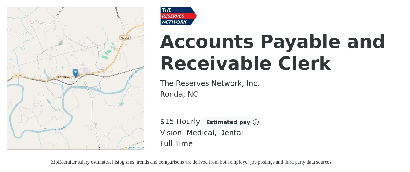 The Reserves Network, Inc. job posting for a Accounts Payable and Receivable Clerk in Ronda, NC with a salary of $16 Hourly and benefits including dental, life_insurance, medical, retirement, and vision with a map of Ronda location.