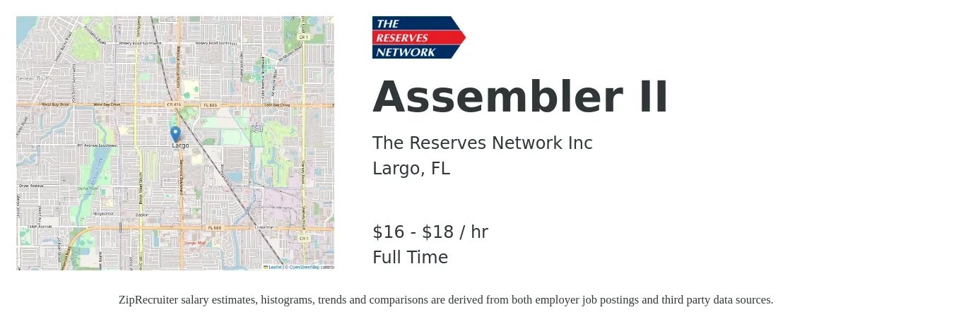 The Reserves Network Inc job posting for a Assembler II in Largo, FL with a salary of $17 to $19 Hourly with a map of Largo location.