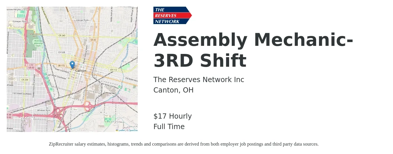 The Reserves Network Inc job posting for a Assembly Mechanic- 3RD Shift in Canton, OH with a salary of $19 Hourly with a map of Canton location.