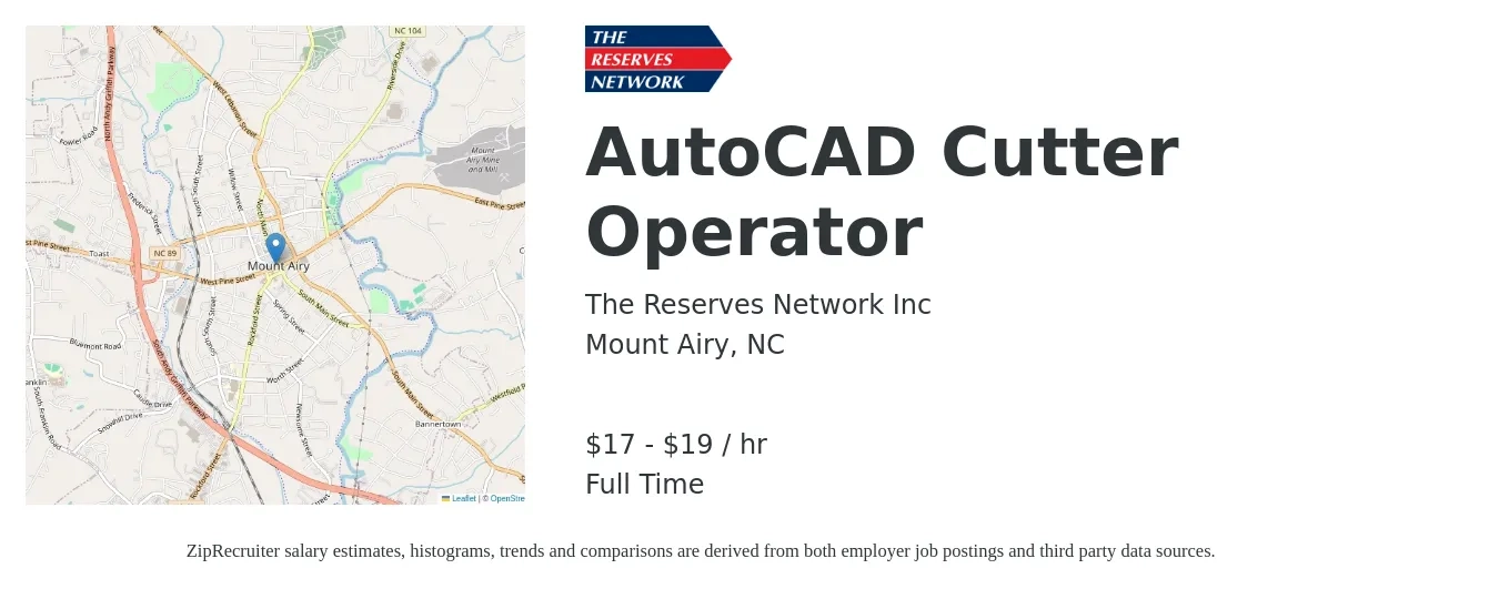 The Reserves Network job posting for a AutoCAD Cutter Operator in Mount Airy, NC with a salary of $18 to $20 Hourly and benefits including medical, retirement, vision, dental, and life_insurance with a map of Mount Airy location.