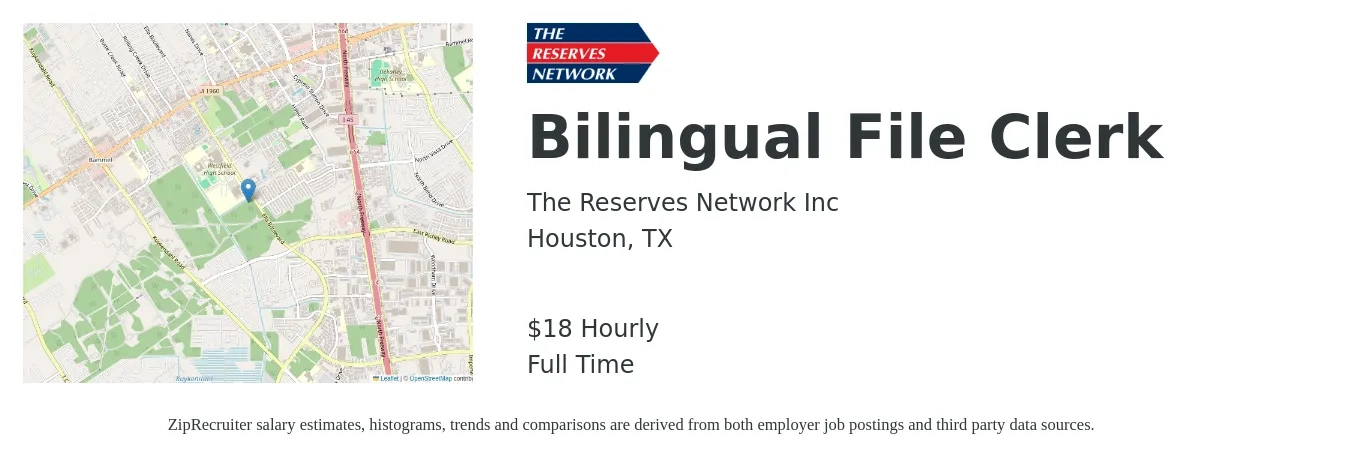 The Reserves Network Inc job posting for a Bilingual File Clerk in Houston, TX with a salary of $19 Hourly with a map of Houston location.