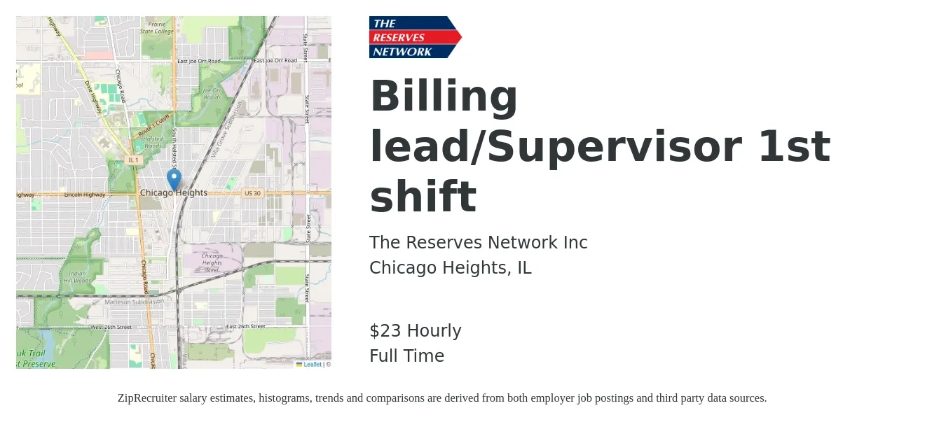 The Reserves Network Inc job posting for a Billing Lead/Supervisor 1st Shift in Chicago Heights, IL with a salary of $24 Hourly with a map of Chicago Heights location.