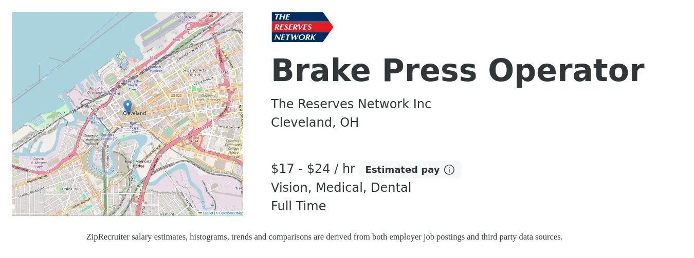 The Reserves Network, Inc. job posting for a Brake Press Operator in Cleveland, OH with a salary of $18 to $25 Hourly and benefits including vision, dental, and medical with a map of Cleveland location.