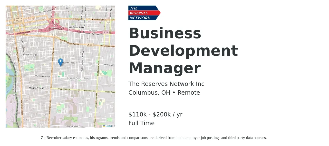 The Reserves Network Inc job posting for a Business Development Manager in Columbus, OH with a salary of $110,000 to $200,000 Yearly with a map of Columbus location.