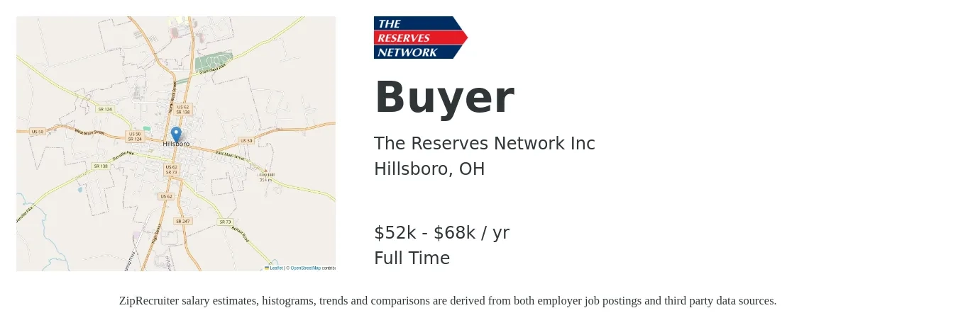 The Reserves Network Inc job posting for a Buyer in Hillsboro, OH with a salary of $52,000 to $68,000 Yearly with a map of Hillsboro location.