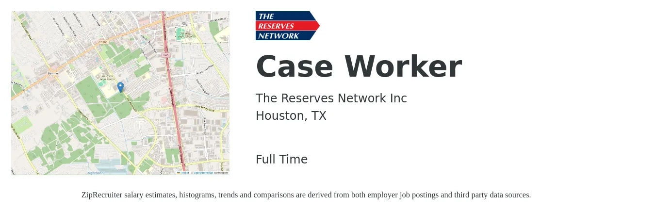 The Reserves Network Inc job posting for a Case Worker in Houston, TX with a salary of $36,800 to $52,000 Yearly with a map of Houston location.