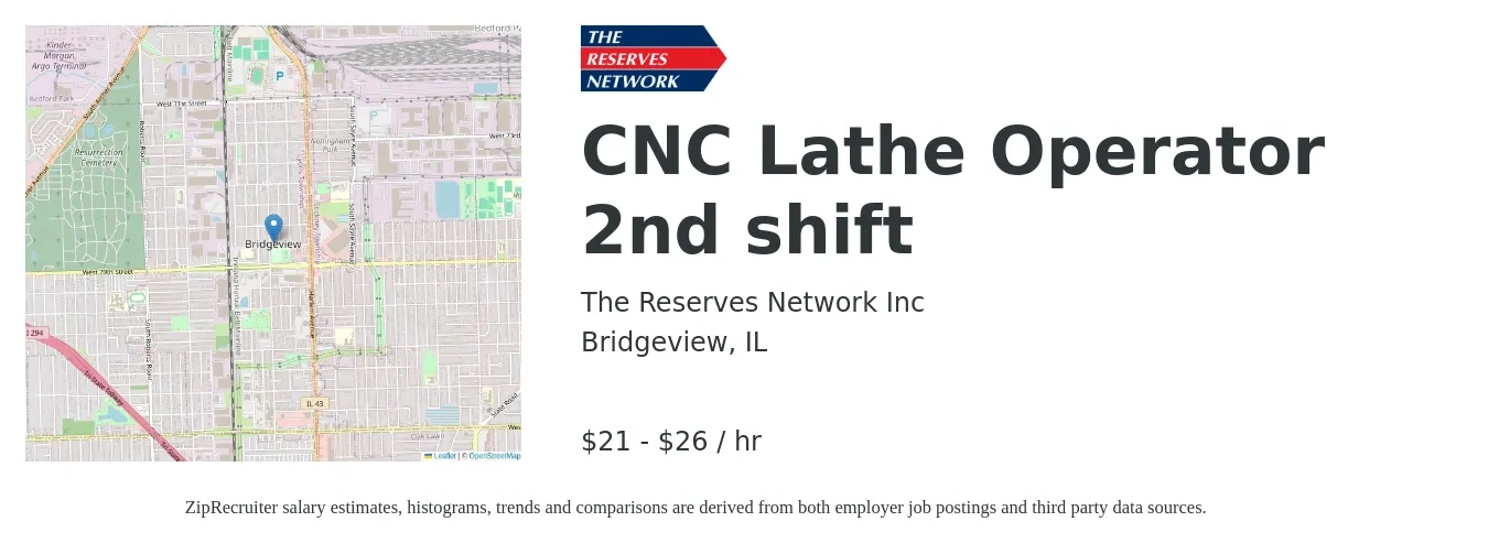 The Reserves Network Inc job posting for a CNC Lathe Operator 2nd shift in Bridgeview, IL with a salary of $22 to $28 Hourly with a map of Bridgeview location.